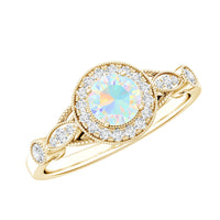 Genuine Ethiopian Opal antique-style engagement ring with diamond halo, featuring intricate gold band and vintage design.