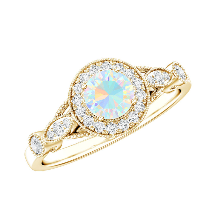 Genuine Ethiopian Opal antique-style engagement ring with diamond halo, featuring intricate gold band and vintage design.