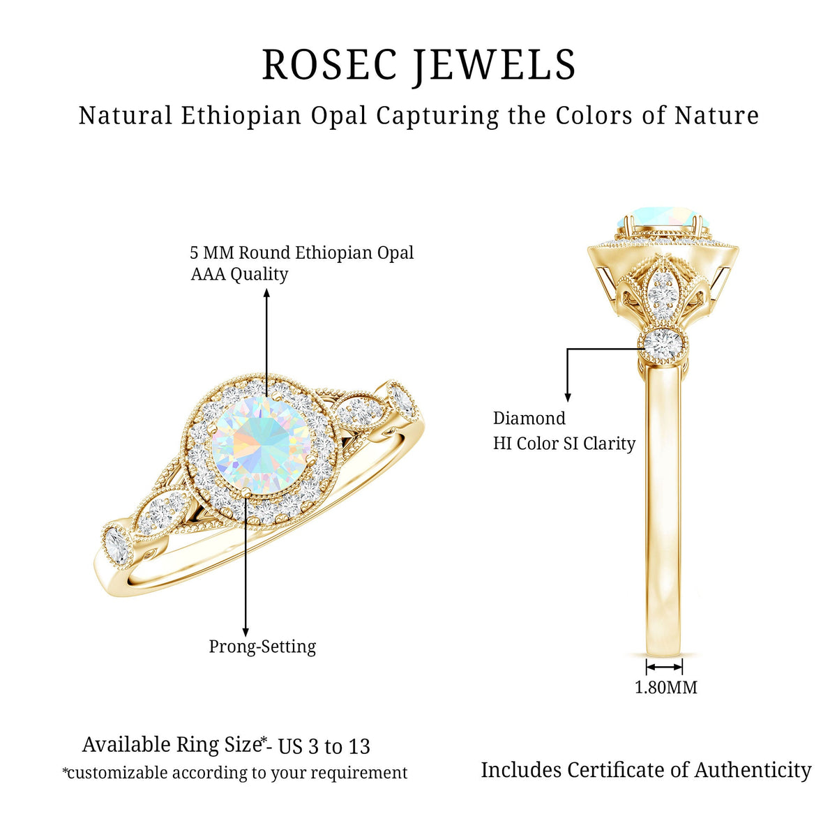 Genuine Ethiopian opal engagement ring with diamond halo and antique design, crafted by Rosec Jewels.