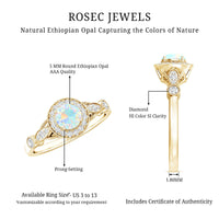 Genuine Ethiopian opal engagement ring with diamond halo and antique design, crafted by Rosec Jewels.