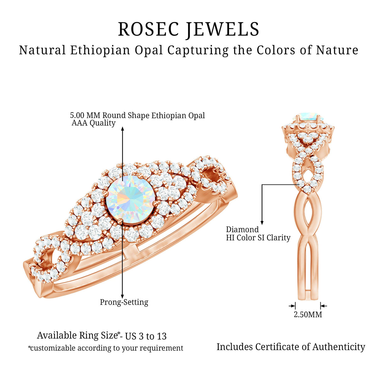 Vintage-style Ethiopian opal diamond engagement ring with a criss-cross shank by Rosec Jewels, showcasing intricate design and sparkling gemstones.