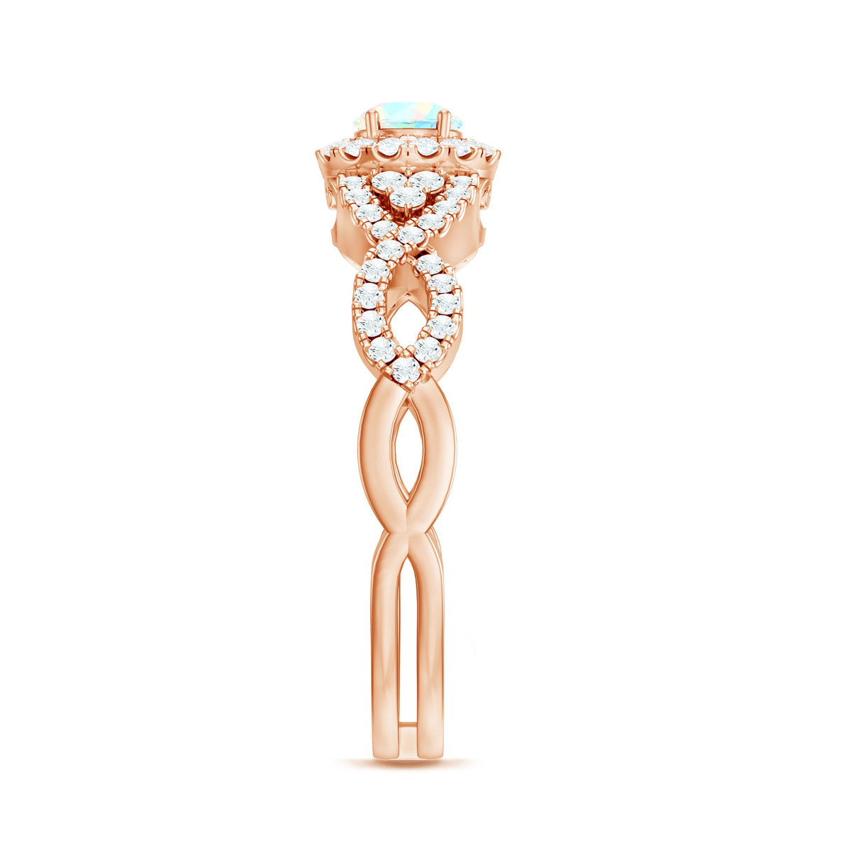 Vintage-style engagement ring with Ethiopian opal and diamonds, featuring a criss-cross shank by Rosec Jewels.