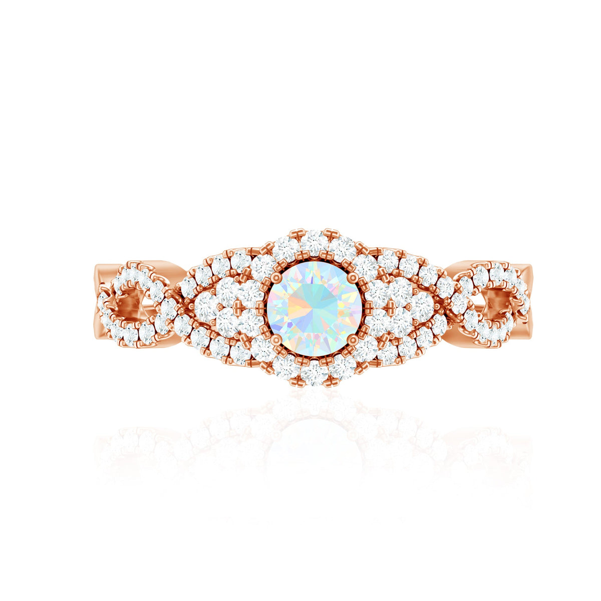 Vintage-style Ethiopian opal and diamond engagement ring with a criss-cross shank by Rosec Jewels.