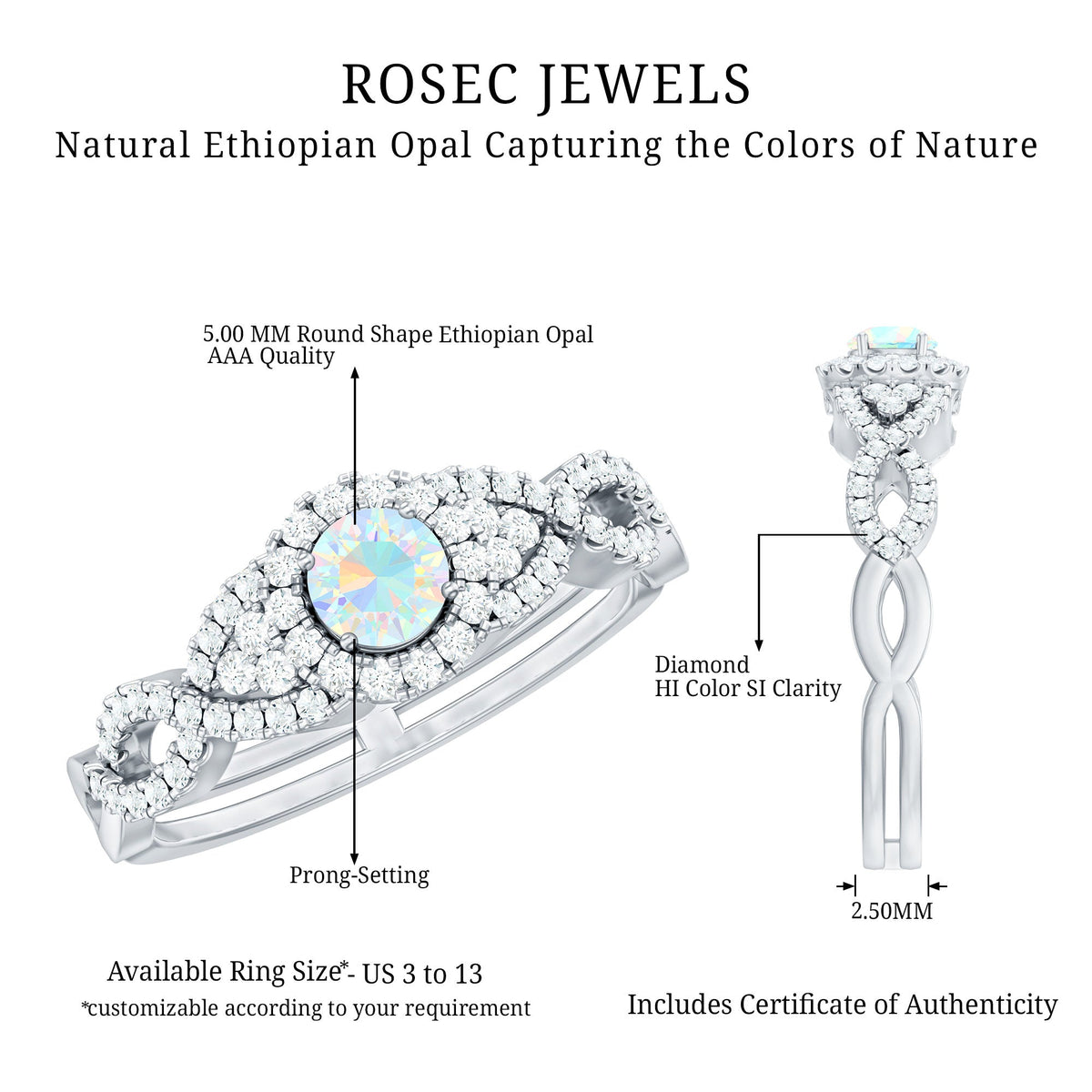 Vintage-style engagement ring with real Ethiopian opal and diamond accents, featuring a criss-cross shank design from Rosec Jewels.