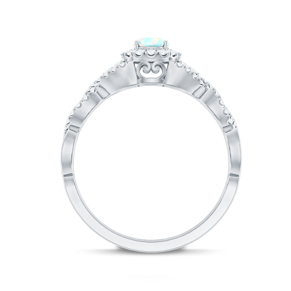Vintage-style Ethiopian opal and diamond engagement ring with a criss-cross shank, crafted by Rosec Jewels.