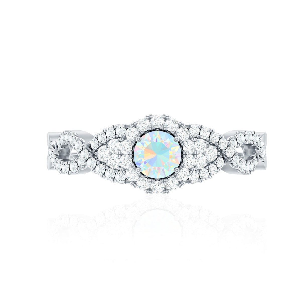 Vintage-style Ethiopian opal engagement ring with diamond accents and criss-cross shank by Rosec Jewels.