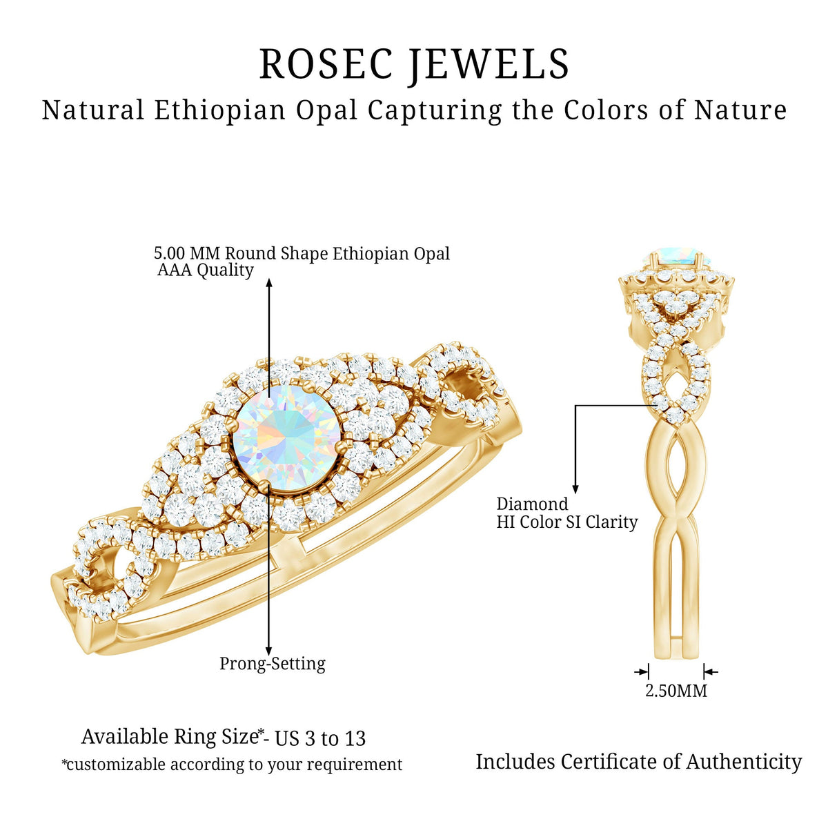 Vintage-style engagement ring by Rosec Jewels featuring a real Ethiopian opal, diamonds, and a criss-cross shank design.