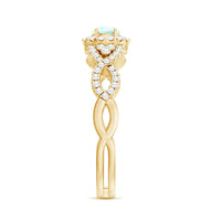 Vintage-style engagement ring with a real Ethiopian opal center stone, diamond accents, and a criss-cross shank by Rosec Jewels.