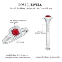 Vintage Style Lab Ruby and Diamond Halo Engagement Ring