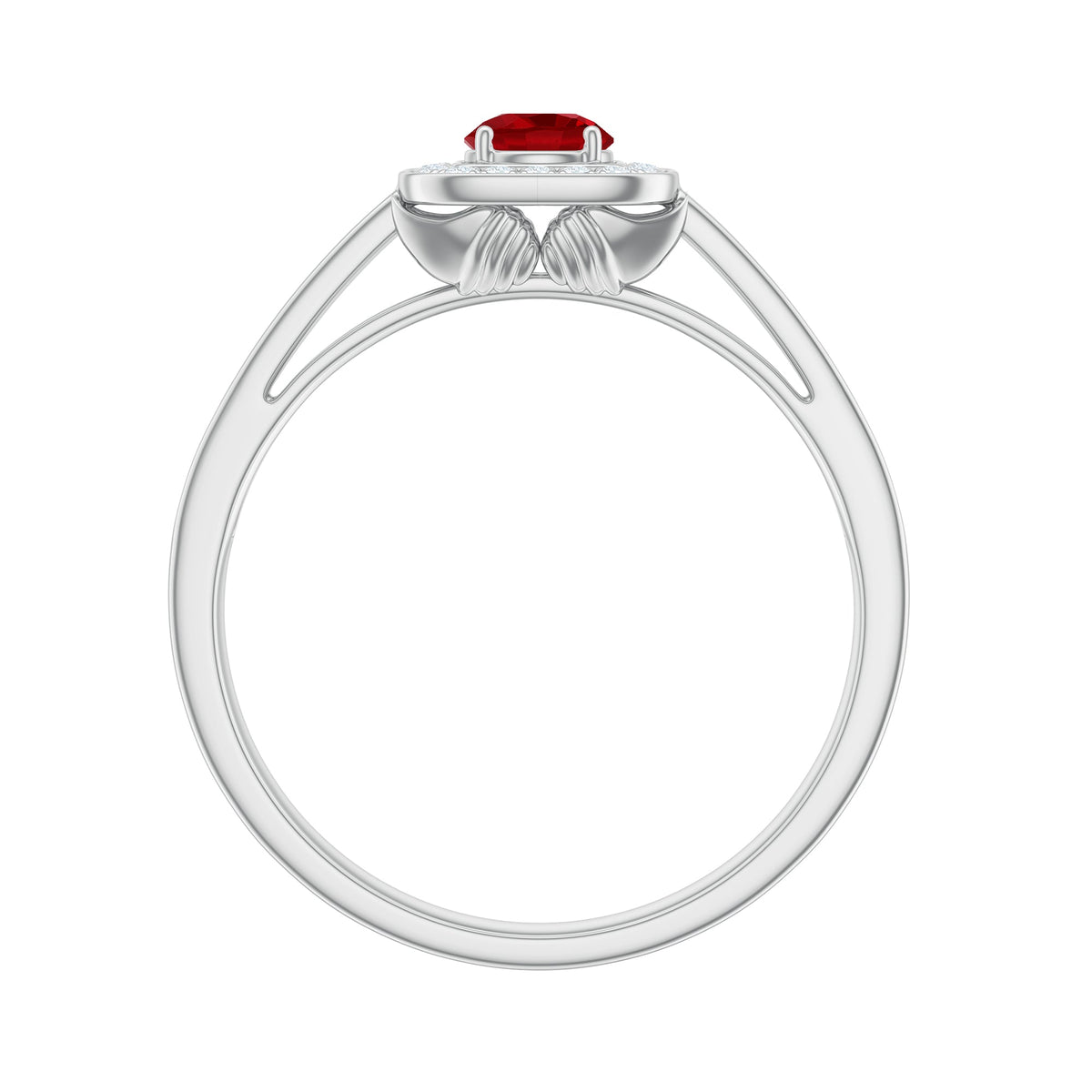 Vintage Style Lab Ruby and Diamond Halo Engagement Ring