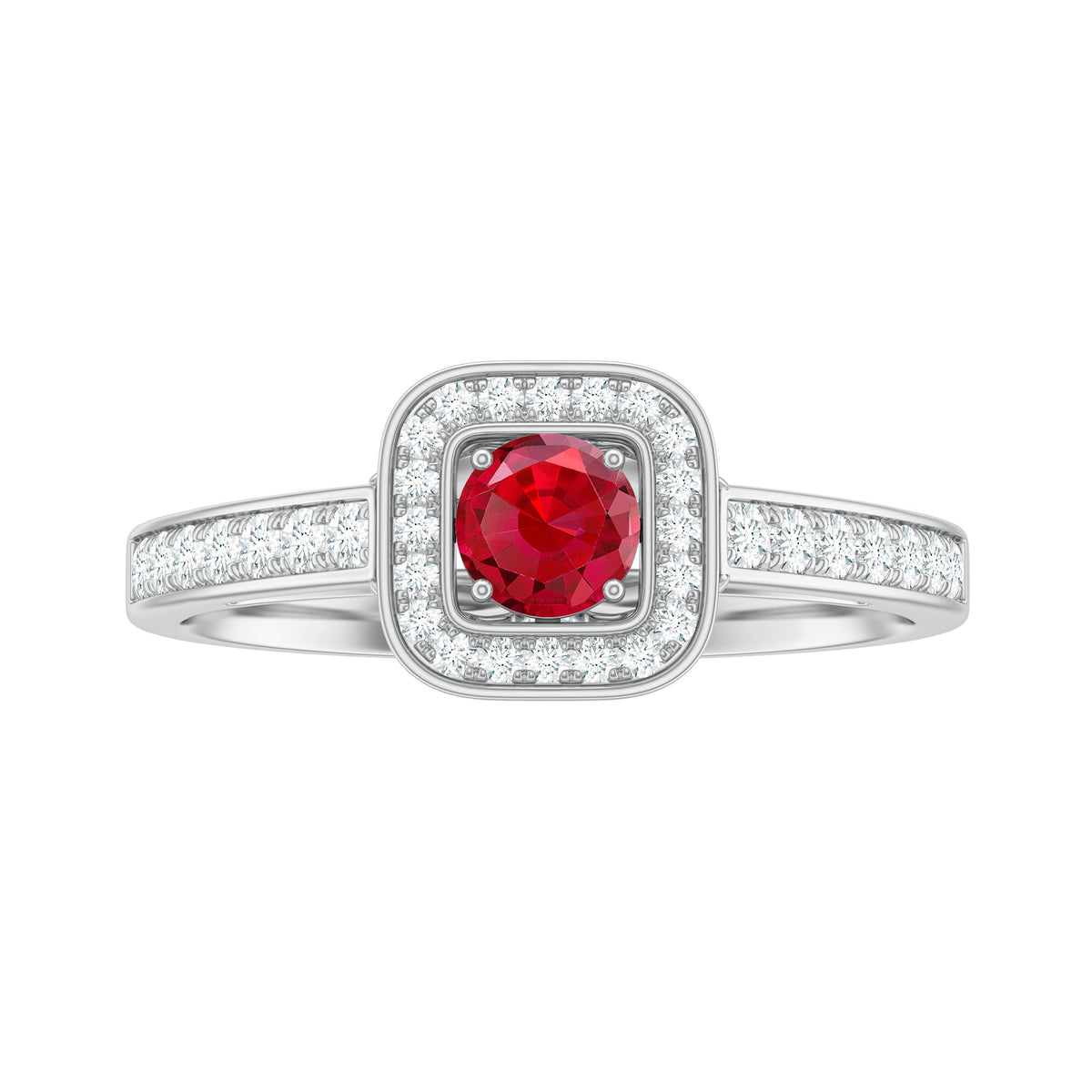 Vintage Style Lab Ruby and Diamond Halo Engagement Ring