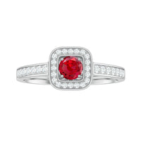 Vintage Style Lab Ruby and Diamond Halo Engagement Ring