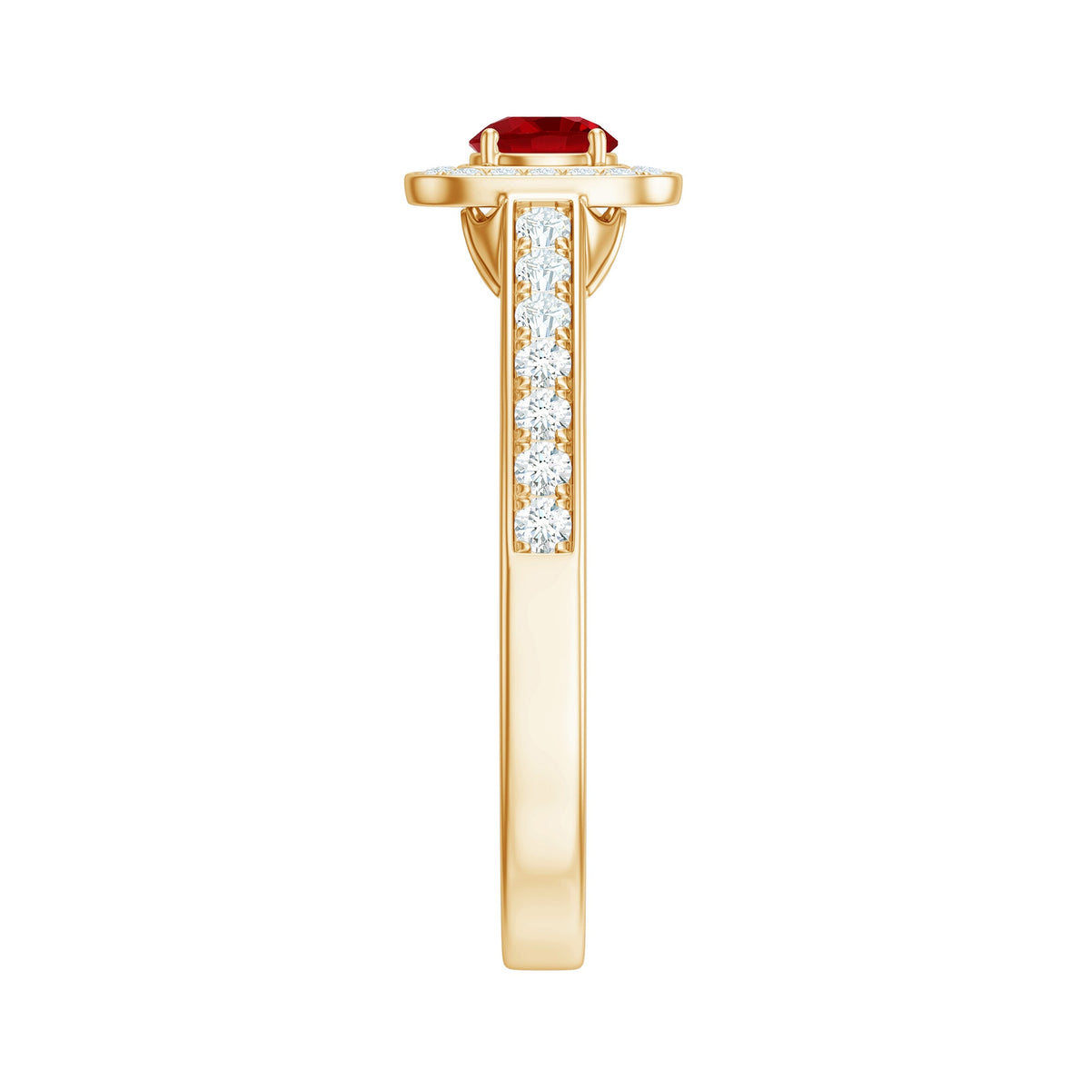 Vintage Style Lab Ruby and Diamond Halo Engagement Ring