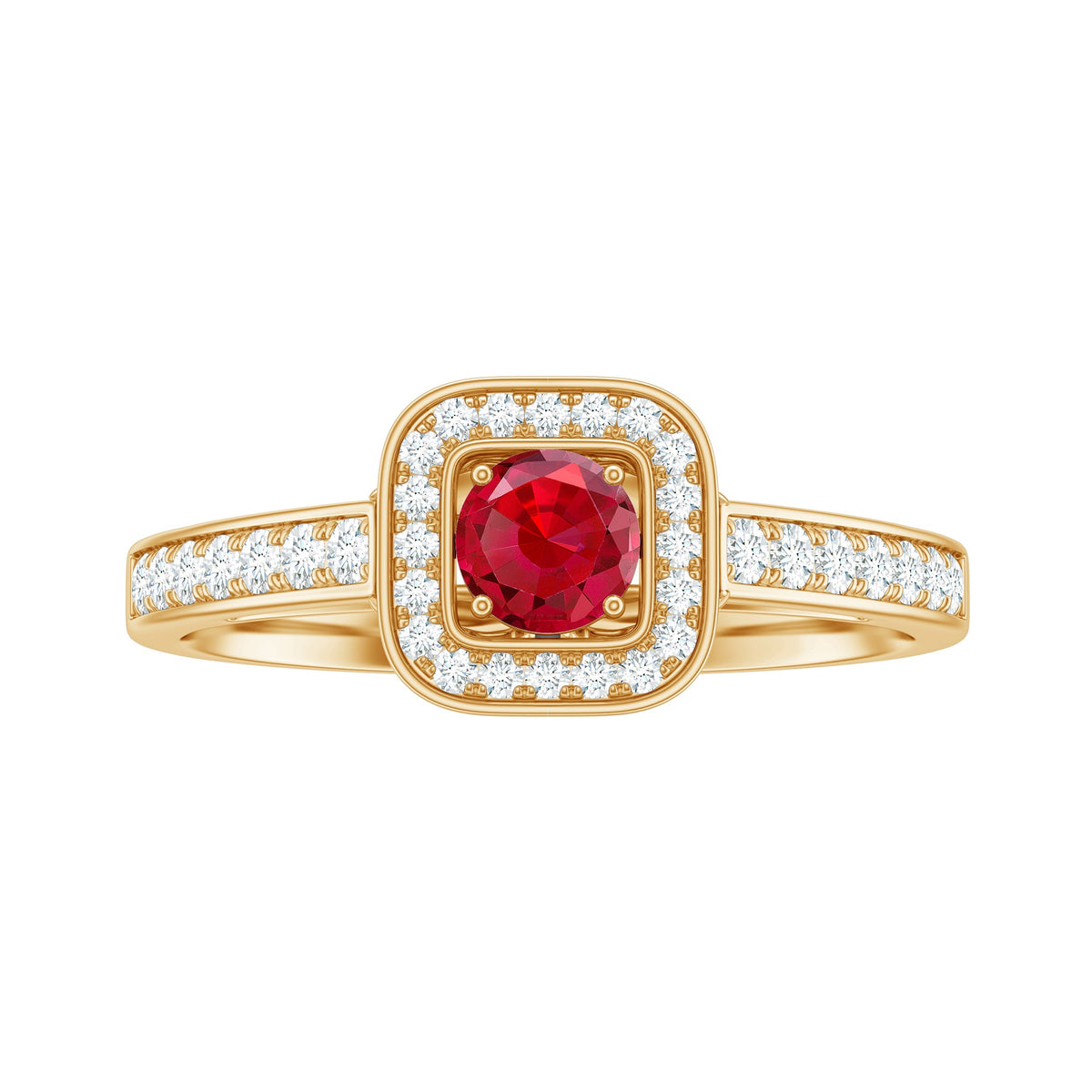 Vintage Style Lab Ruby and Diamond Halo Engagement Ring