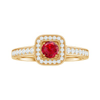 Vintage Style Lab Ruby and Diamond Halo Engagement Ring