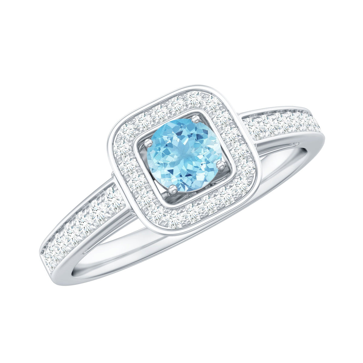 Vintage aquamarine and diamond halo engagement ring for women by Rosec Jewels, featuring intricate design and sparkling gemstones.