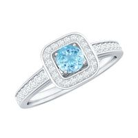 Vintage aquamarine and diamond halo engagement ring for women by Rosec Jewels, featuring intricate design and sparkling gemstones.