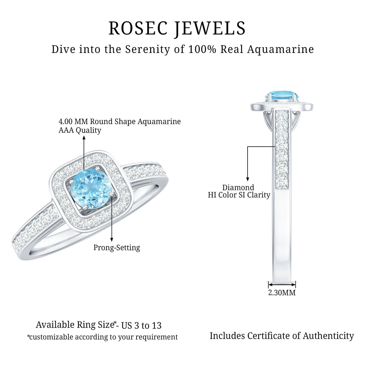 Vintage-style aquamarine and diamond halo engagement ring for women featuring intricate detailing and elegant design by Rosec Jewels.