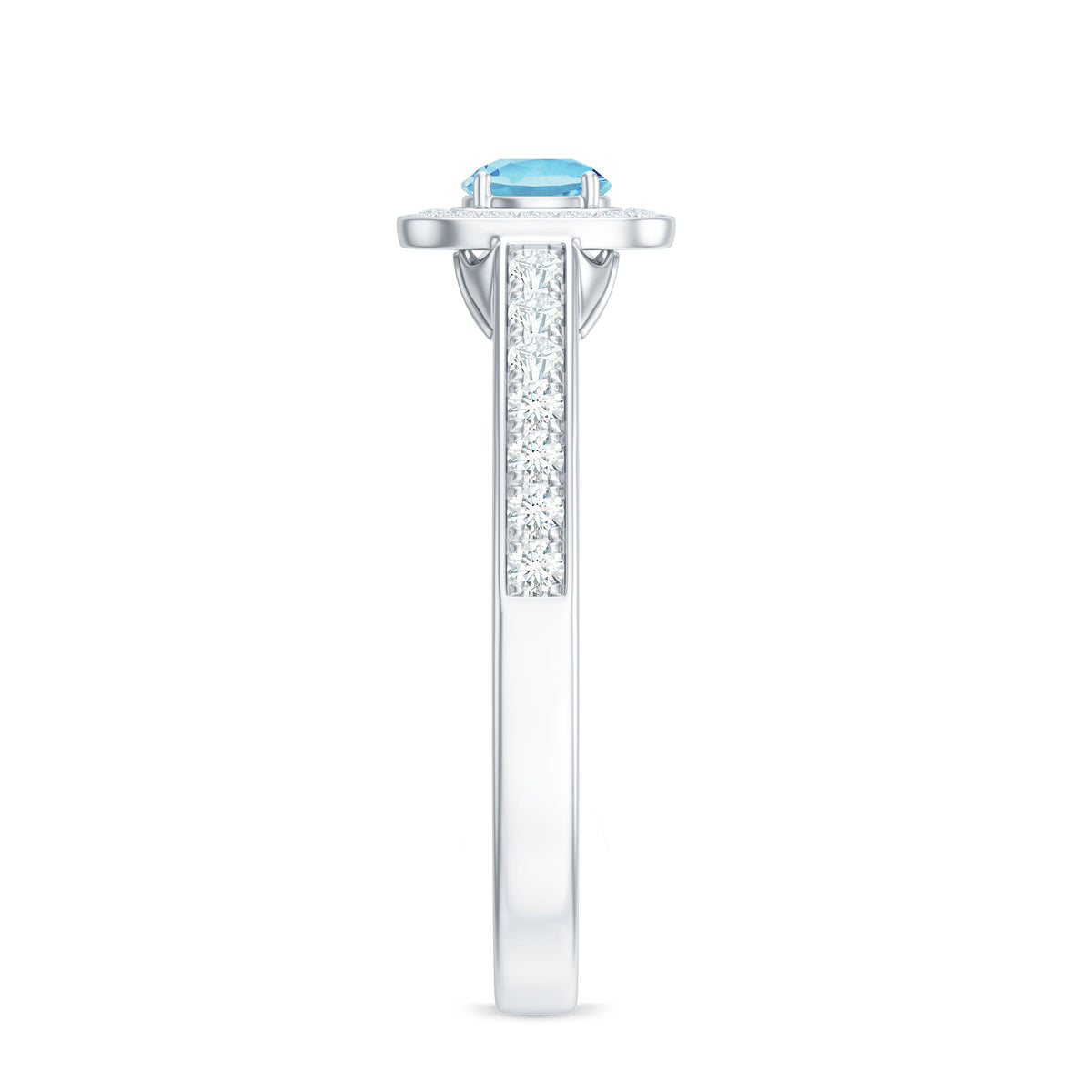 Vintage aquamarine and diamond halo engagement ring for women featuring a central aquamarine gemstone and intricate metalwork.