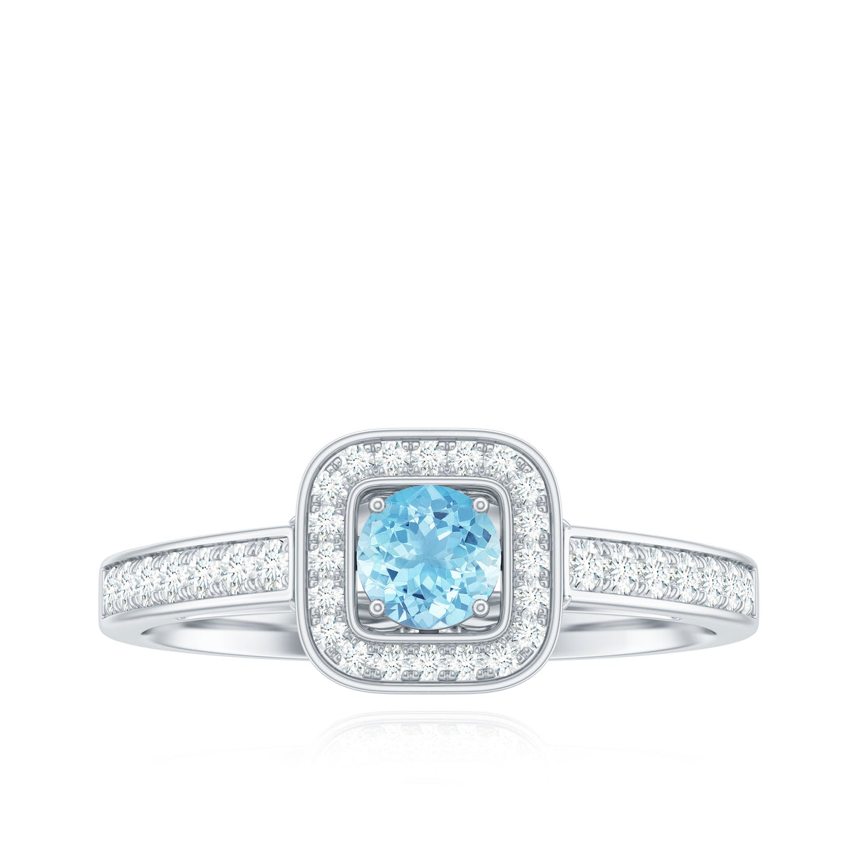 Vintage aquamarine and diamond halo engagement ring for women featuring Rosec Jewels design, with intricate metalwork and gemstone details.