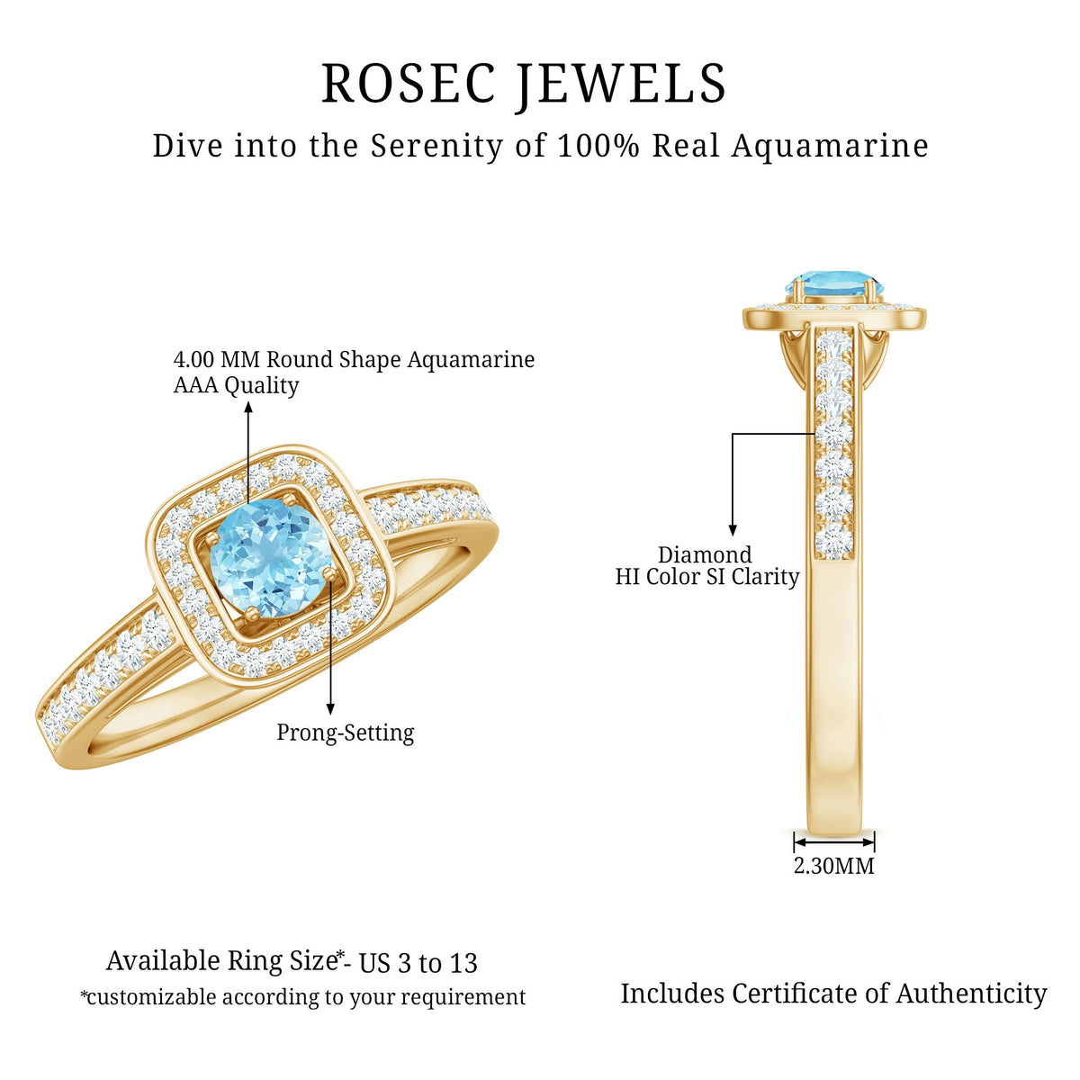 Vintage-looking aquamarine and diamond halo engagement ring for women, featuring intricate design and Rosec Jewels craftsmanship.