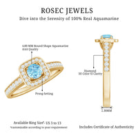 Vintage-looking aquamarine and diamond halo engagement ring for women, featuring intricate design and Rosec Jewels craftsmanship.