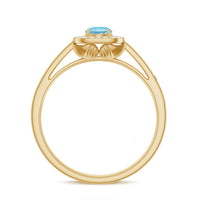 Vintage-style aquamarine and diamond halo engagement ring for women by Rosec Jewels, featuring intricate detailing and a sparkling center stone.