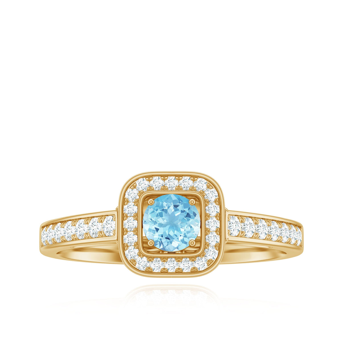 Vintage aquamarine and diamond halo engagement ring for women by Rosec Jewels, featuring intricate design and sparkling gemstones.