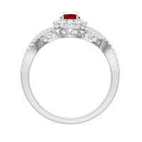 Certified Lab Ruby and Diamond Crossover Engagement Ring with Halo