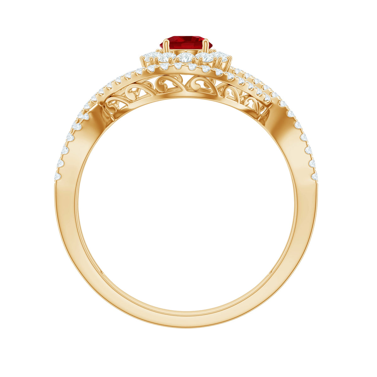 Certified Lab Ruby and Diamond Crossover Engagement Ring with Halo