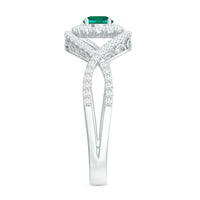 Certified Lab Grown Emerald Diamond Halo Engagement Ring with Crossover Shank