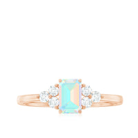 Certified Real Ethiopian Rainbow Opal Emerald Cut Engagement Ring with Diamond Trio
