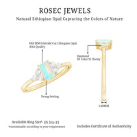 Certified Real Ethiopian Rainbow Opal Emerald Cut Engagement Ring with Diamond Trio