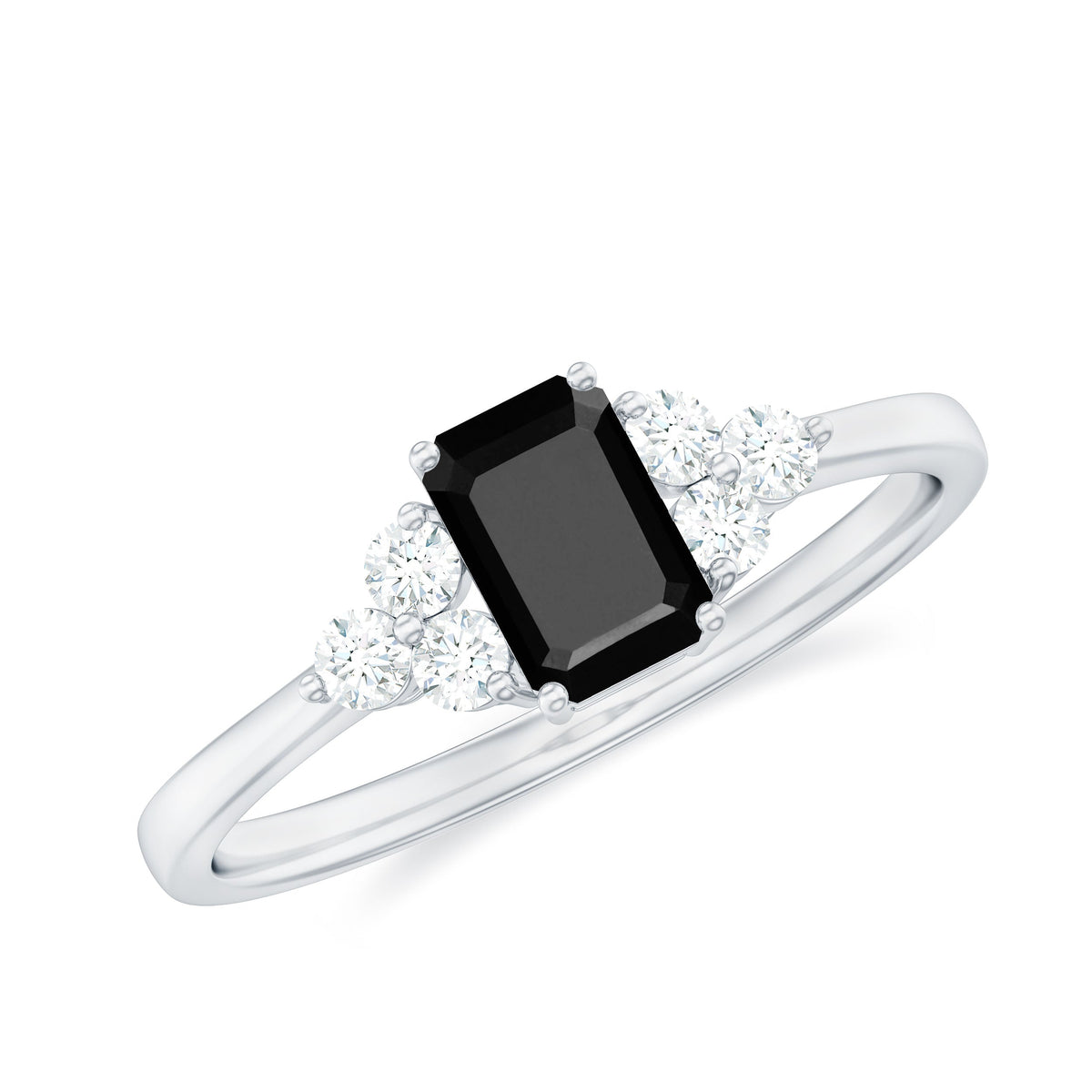 Emerald cut black diamond solitaire ring with diamond trio accent, crafted by Rosec Jewels, showcasing elegant gemstone design.