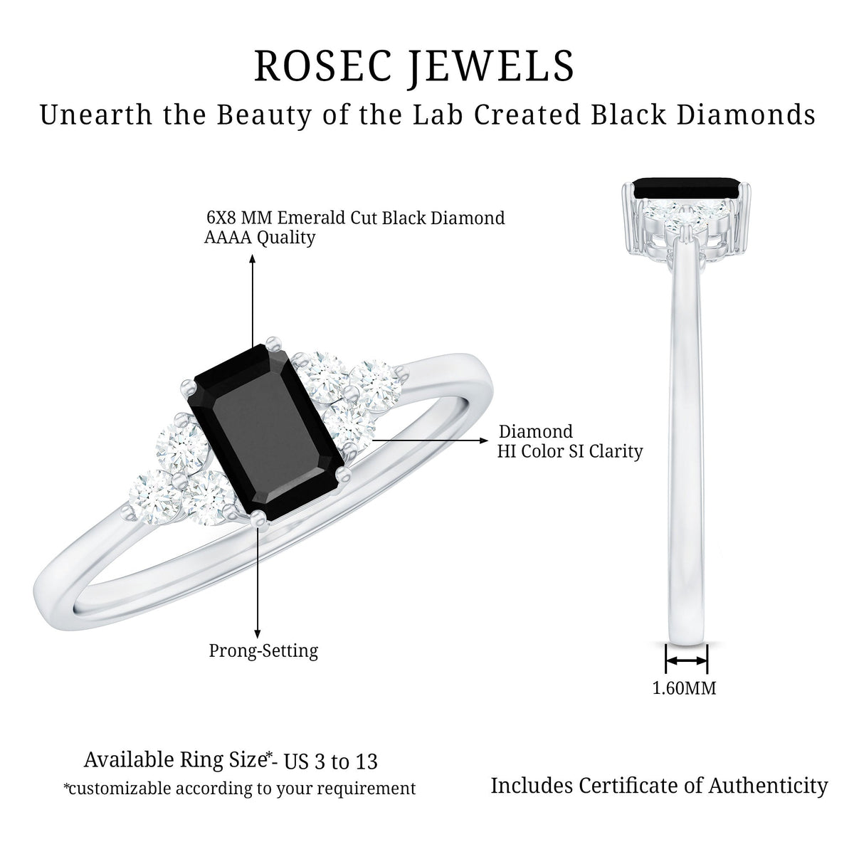 Emerald cut created black diamond solitaire ring with diamond trio accents, crafted by Rosec Jewels in elegant jewelry style