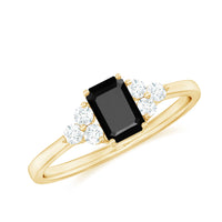 Emerald cut created black diamond solitaire ring with diamond trio accents by Rosec Jewels, showcasing elegant ring design.