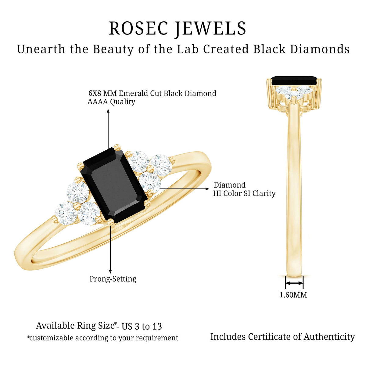 Rosec Jewels emerald cut black diamond solitaire ring with diamond trio, showcasing a sleek black diamond center and sparkling side stones.