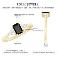 Rosec Jewels emerald cut black diamond solitaire ring with diamond trio, showcasing a sleek black diamond center and sparkling side stones.