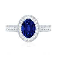 Certified 1.5 Carat Lab Grown Blue Sapphire Engagement Ring with Diamond Halo