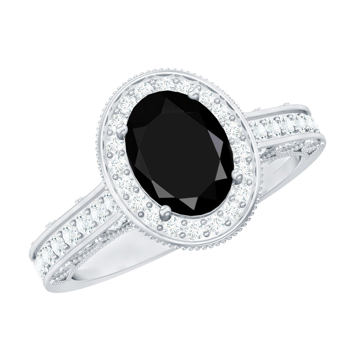 Vintage-inspired black onyx oval engagement ring with diamond halo from Rosec Jewels, showcasing the detailed design and sparkling accents.