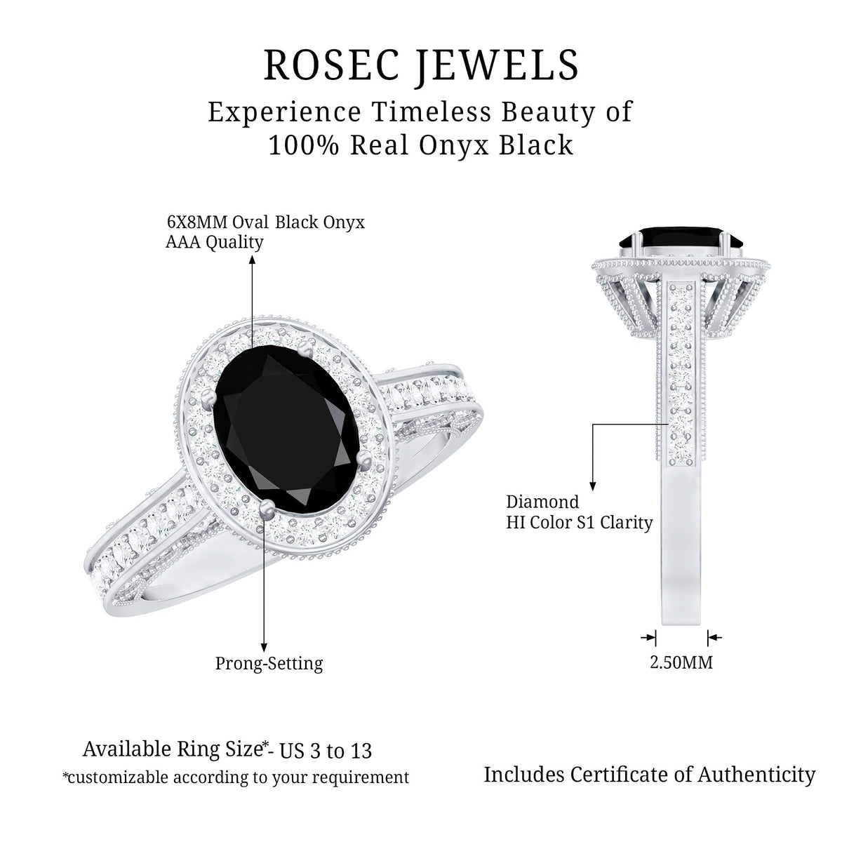 Vintage inspired black onyx oval engagement ring with diamond halo by Rosec Jewels, showcasing elegant design and sparkling accents.