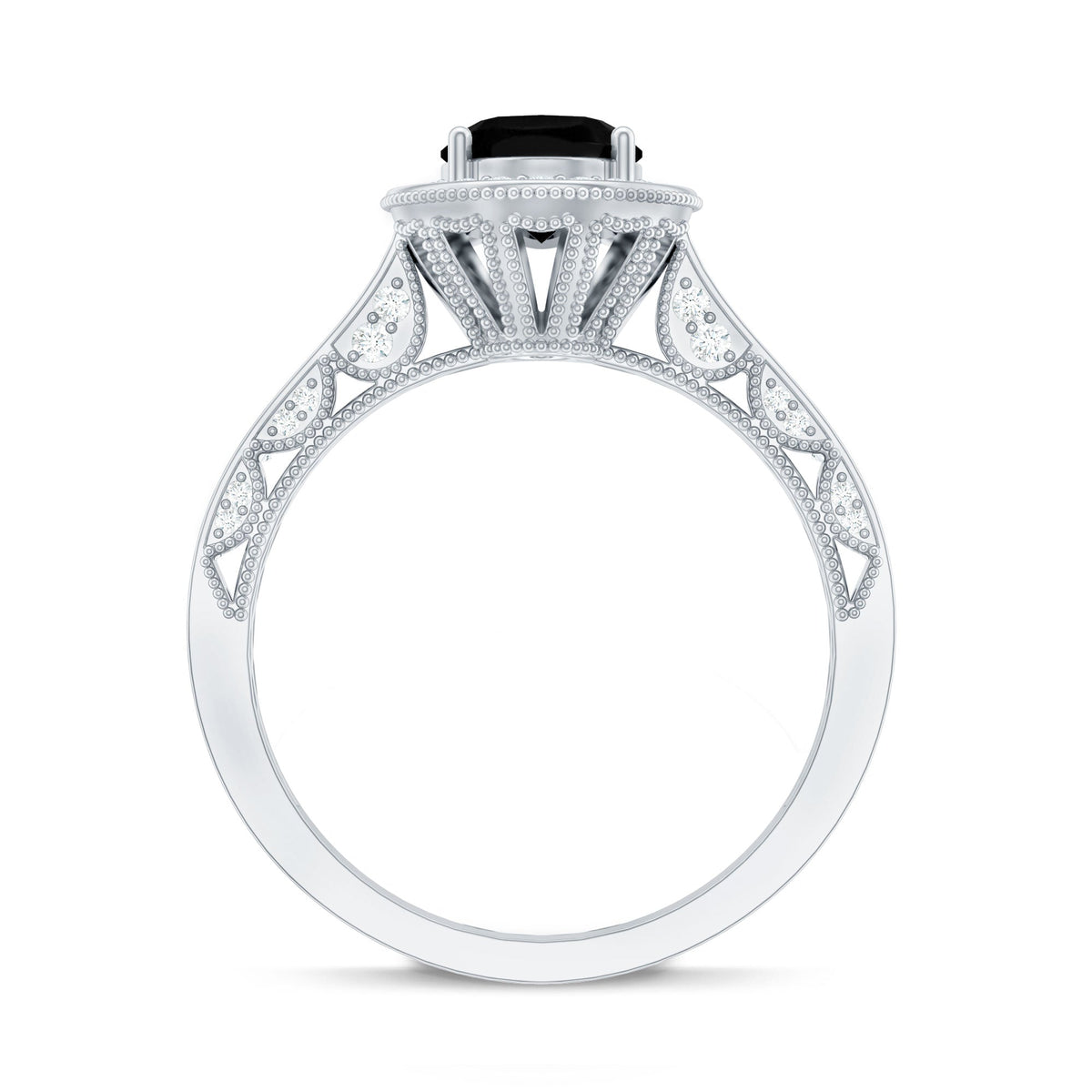 Vintage-inspired black onyx oval engagement ring with diamond halo, featuring detailed Rosec Jewels craftsmanship.
