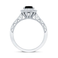 Vintage-inspired black onyx oval engagement ring with diamond halo, featuring detailed Rosec Jewels craftsmanship.