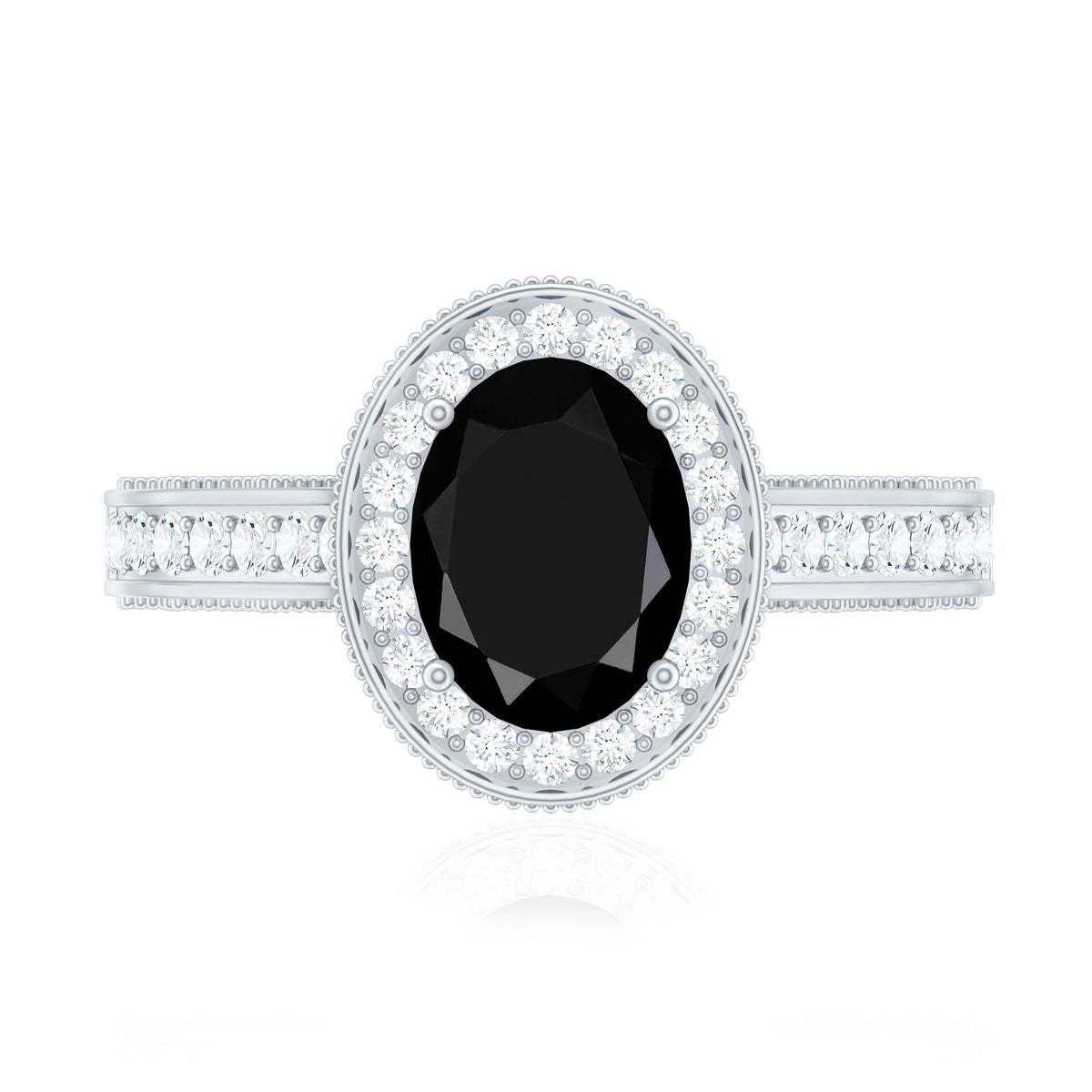 Vintage-inspired black onyx oval engagement ring with diamond halo, featuring a silver band and intricate detailing from Rosec Jewels.