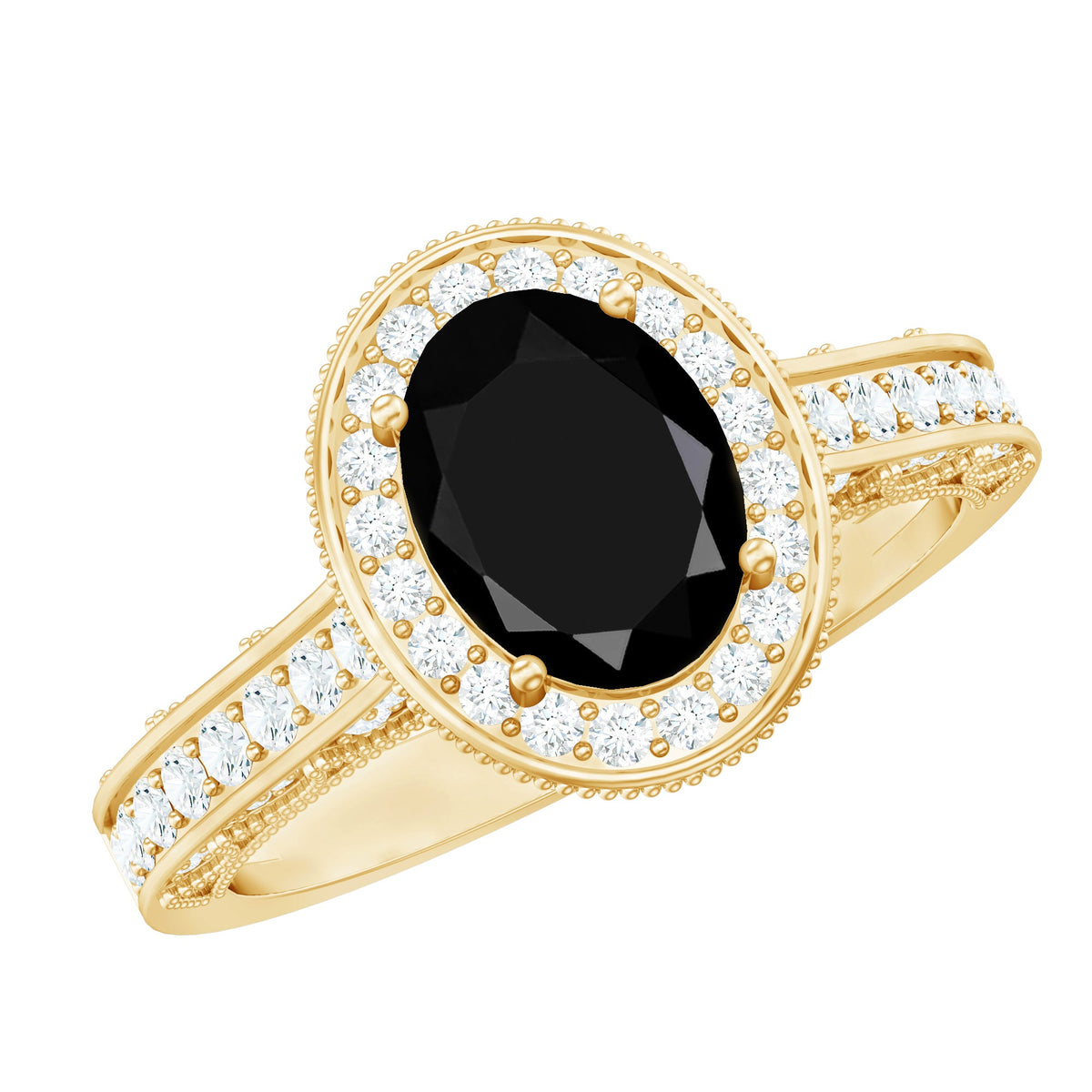 Vintage-inspired black onyx oval engagement ring with diamond halo from Rosec Jewels, showcasing intricate design and sparkling accents.