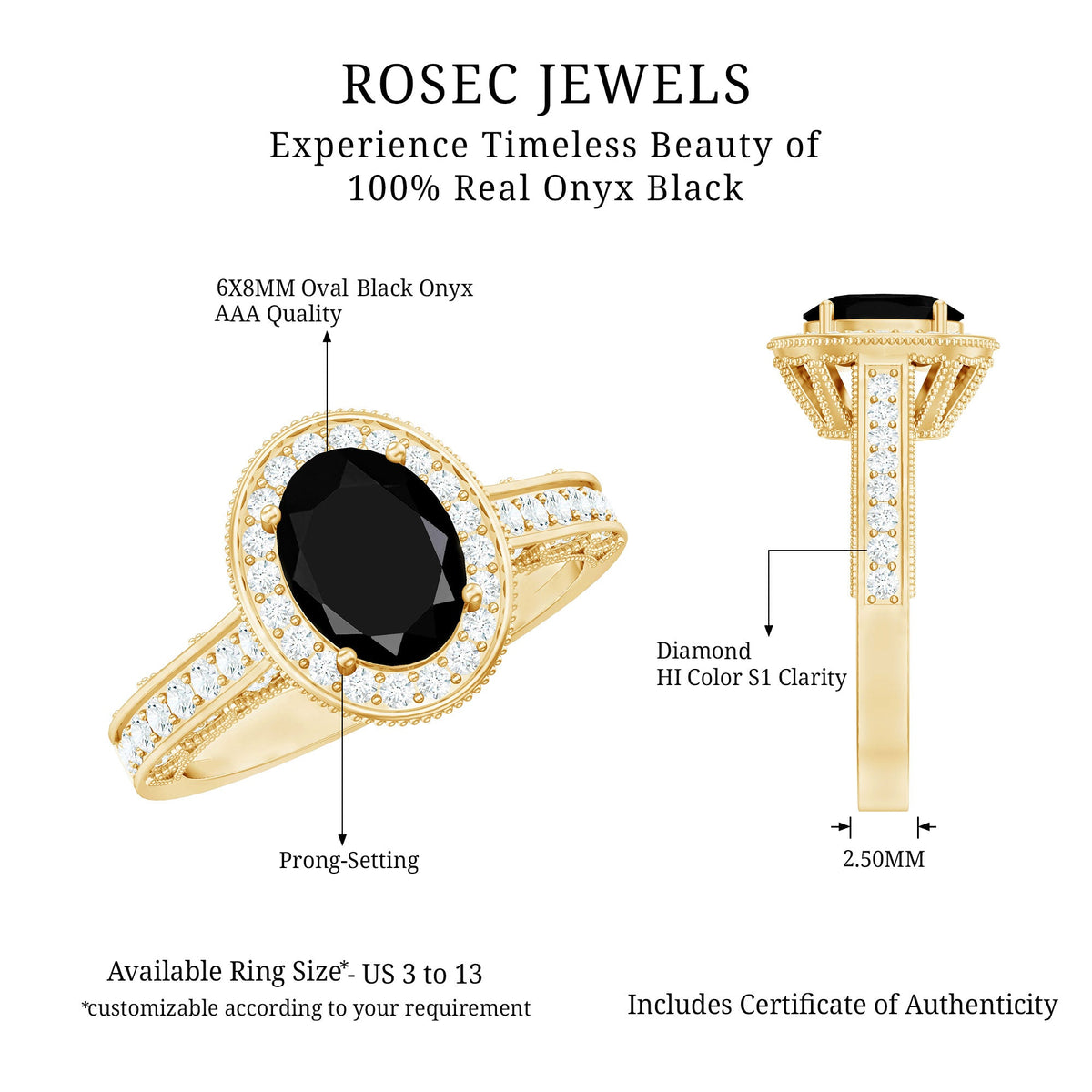 Vintage inspired black onyx oval engagement ring with diamond halo from Rosec Jewels, featuring a sleek black gemstone and sparkling accents.