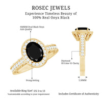 Vintage inspired black onyx oval engagement ring with diamond halo from Rosec Jewels, featuring a sleek black gemstone and sparkling accents.