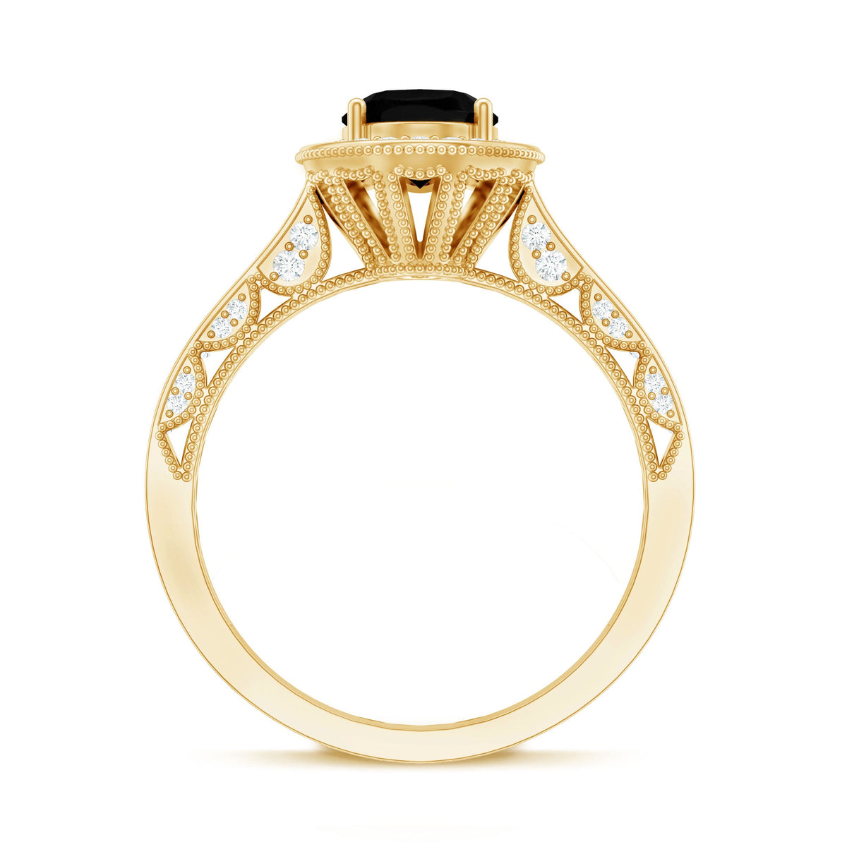 Vintage-inspired black onyx oval engagement ring with diamond halo from Rosec Jewels, showcasing elegant jewelry design.