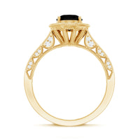 Vintage-inspired black onyx oval engagement ring with diamond halo from Rosec Jewels, showcasing elegant jewelry design.