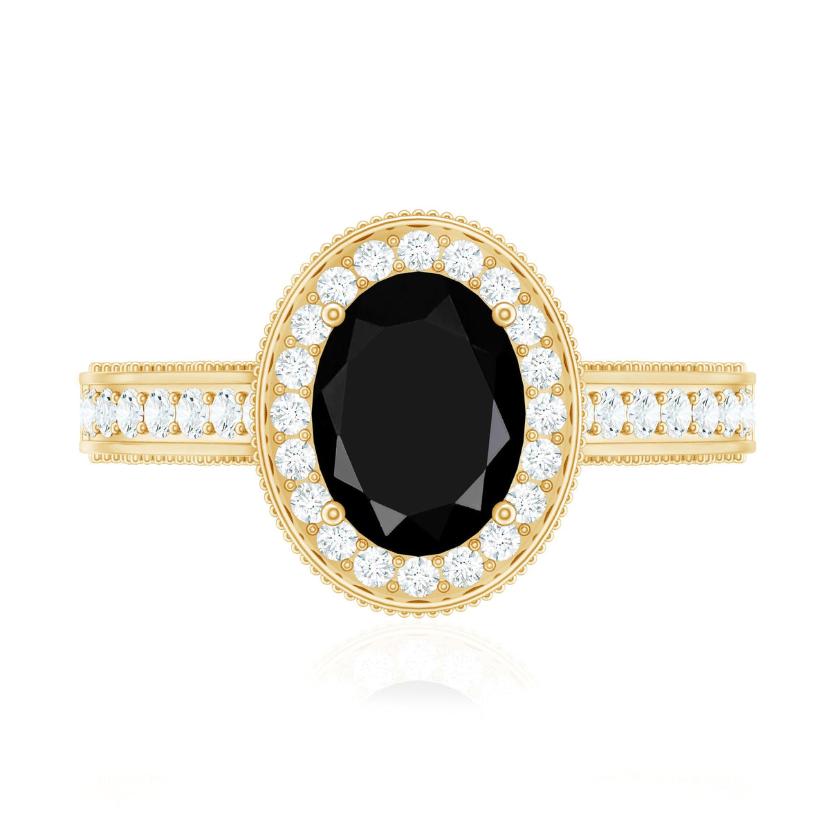 Vintage inspired black onyx oval engagement ring with diamond halo from Rosec Jewels, featuring a detailed ring design.
